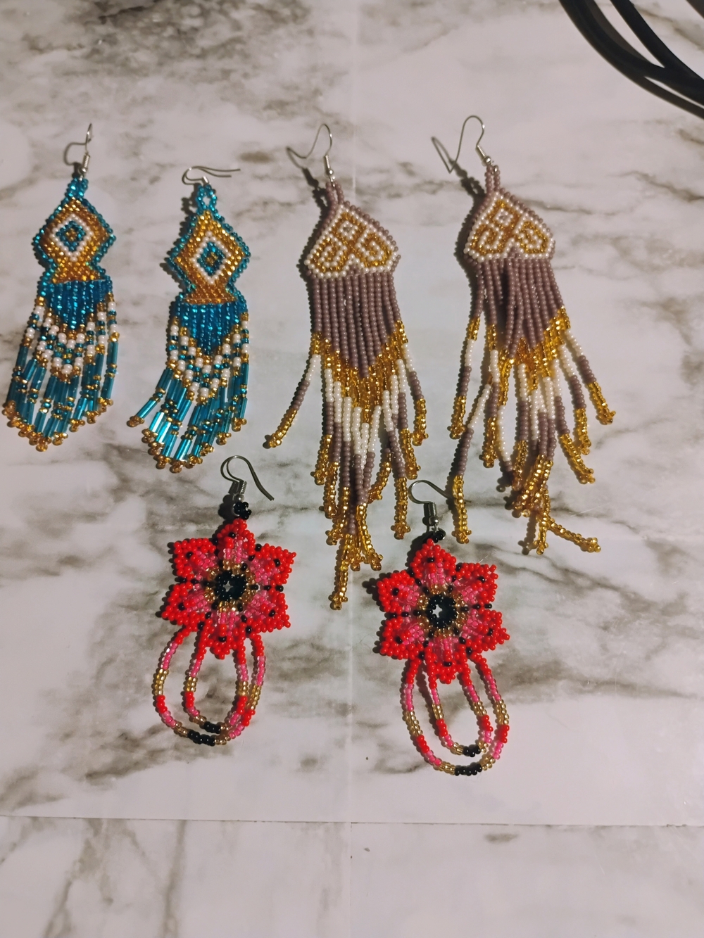 Handmade Red Beaded Flower Dangle Earrings - Women's Jewelry New Mexico Artisan